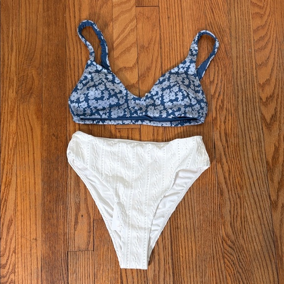 Andie Bikini Set Delray Top 90s High Waisted Bottom Bikini blue cream sz XS NWT - Picture 9 of 13
